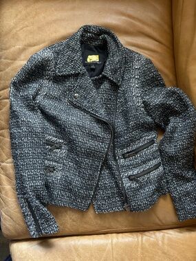 Textured Black and White Tweed Moto Zip Jacket